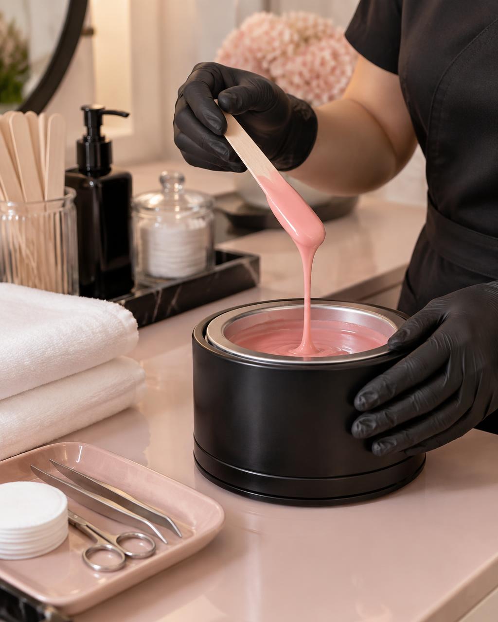 Gloved esthetician preparing pink wax in a clean studio treatment room