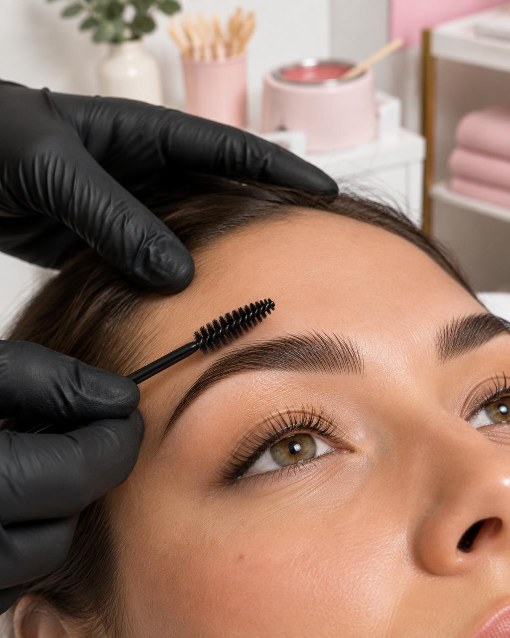 Esthetician carefully brushing a client’s eyebrow in a beauty studio