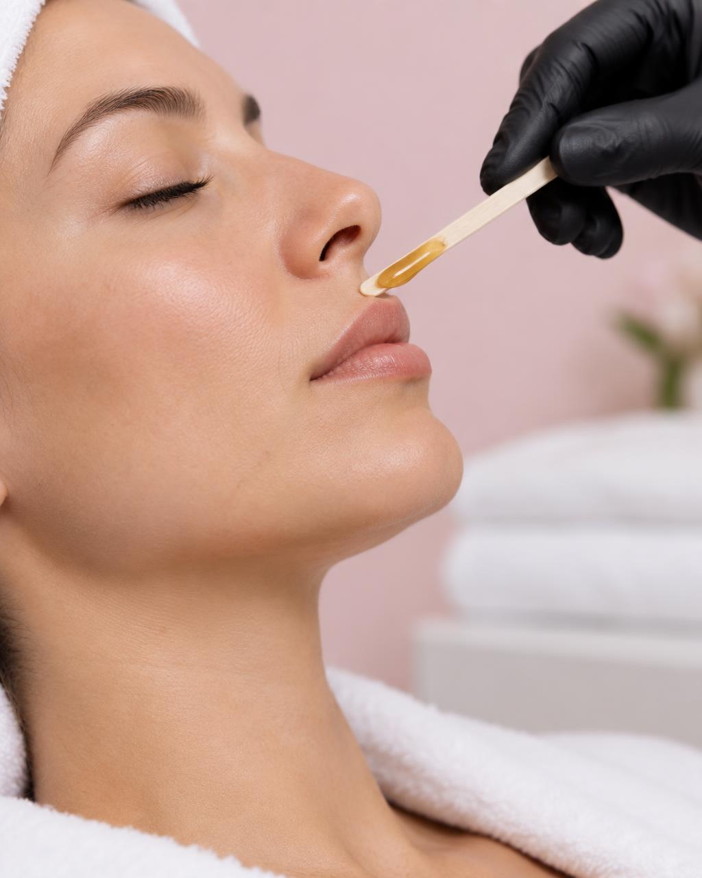 Professional esthetician preparing to wax the upper lip in a treatment room