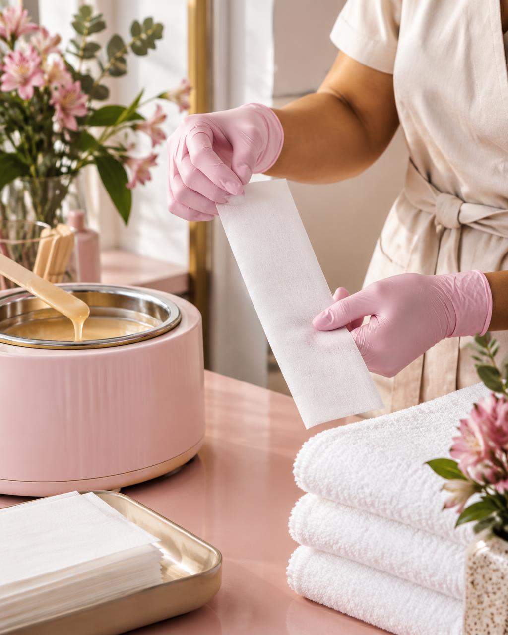 Esthetician preparing a waxing strip in a clean treatment room