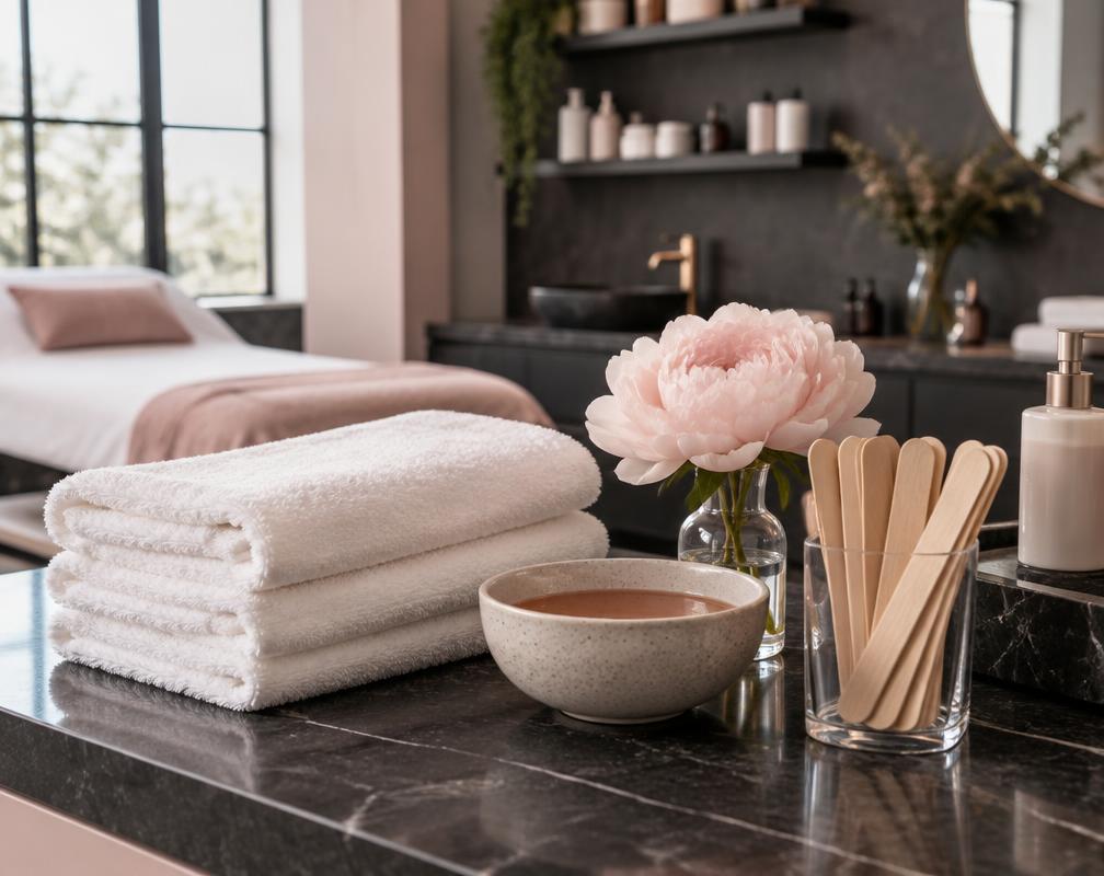Fresh towels and skincare essentials in a welcoming wax studio